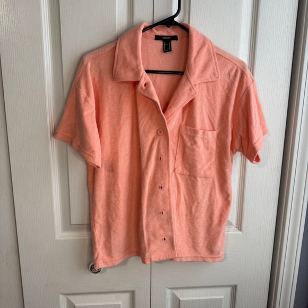 Forever 21 Pink Terry Cloth Short Sleeve Button Up Women's Size Medium Beach Y2K